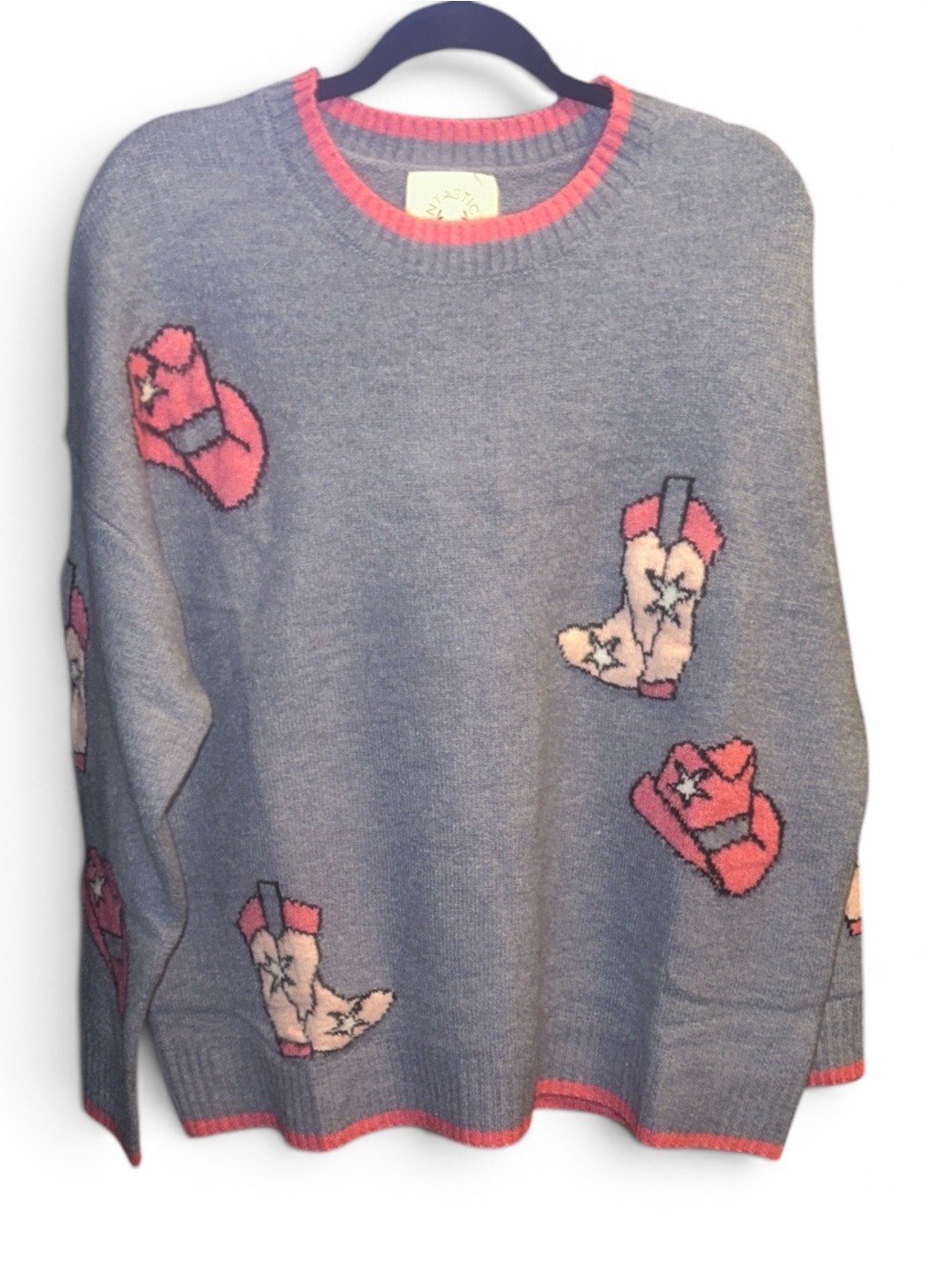 Fantastic Fawn Med Blue/Grey Sweater with Pink Cowboy Boot & Hat Design Med